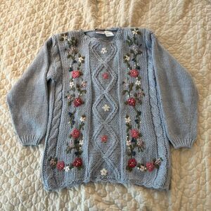 Women’s Coquette Spring Hand-knit Crochet Baby Blue Embroidered Flower Sweater S